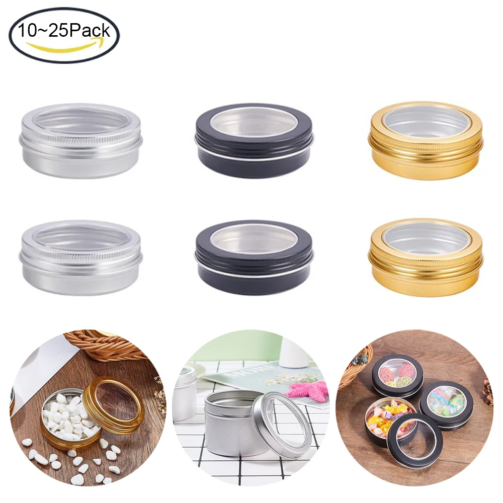 

10~25 Pack Round Aluminum Cans Screw Lid Containers with Clear Window - Great for Store Spices, Candies -Gold, Platinum, Black