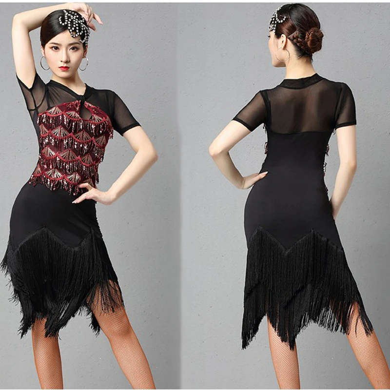 

2020 New sequin Latin Dance Costumes Women Salsa Dancewear Dance Costume Dresses Ballroom Competition Dresses Tango Adult Fringe