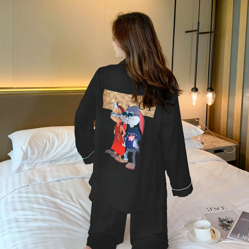 

Pajama Set Women Long Pants New Spring Autumn Sleepwear Set Female Ice Silk Long-Sleeve Cartoon Thin Cardigan Home Clothes Sets