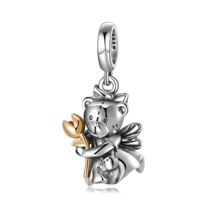 

14K Gold Flower 925 Sterling Silver Little Bear Fairy Charms Pendant Fit Original Pandora charms Bracelet Necklace Fine Jewelry