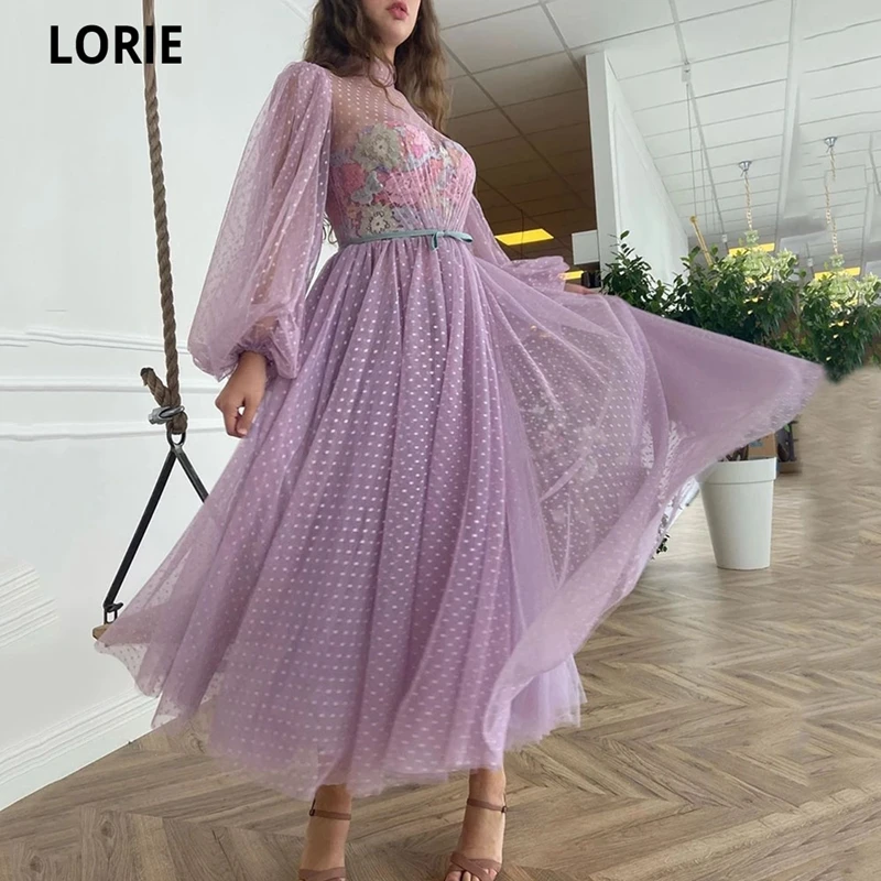 

Lavender High Neck Prom Dresses Long Sleeves Polka Dots Tulle Tea-Length Evening Dresses Colorful Appliques Formal Party Dress