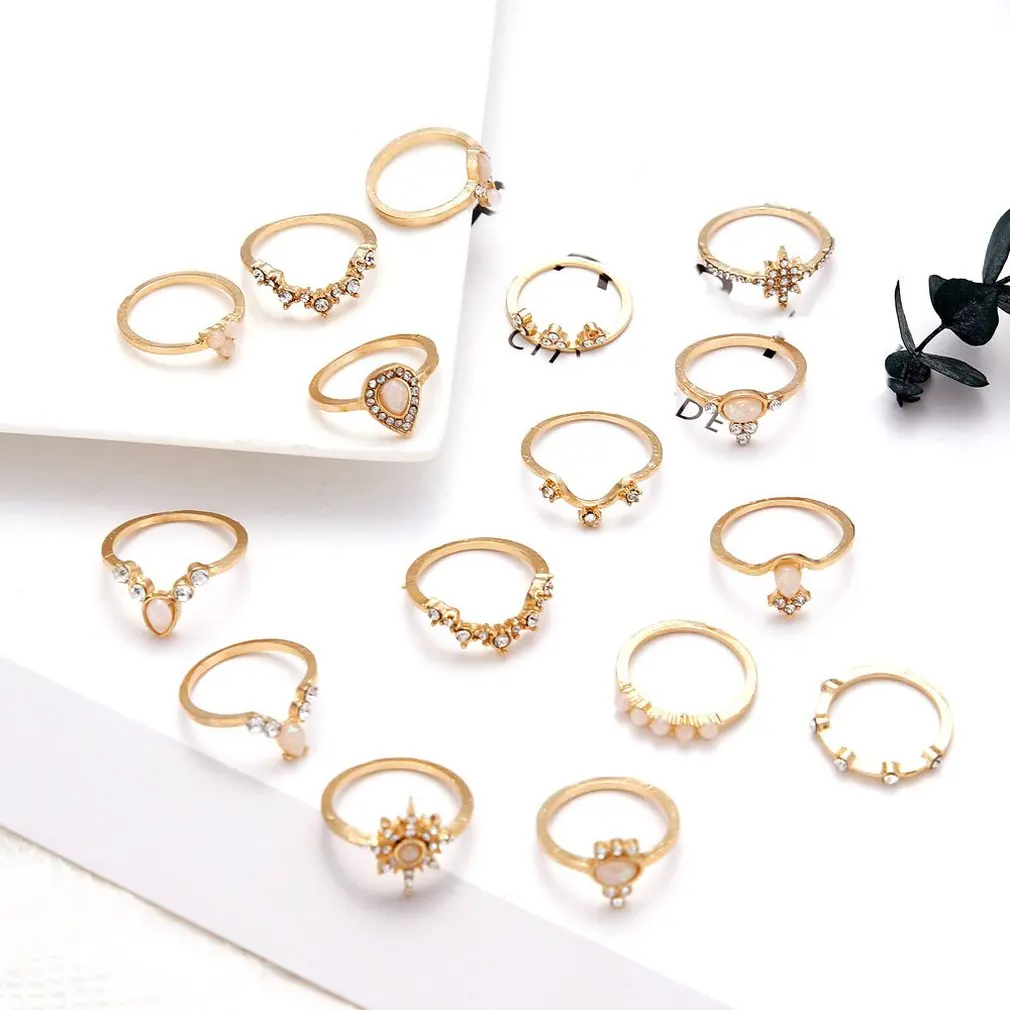 16 шт./компл. богемное Ретро Кристалл цветок листья полый Лотос кольцо с камнем