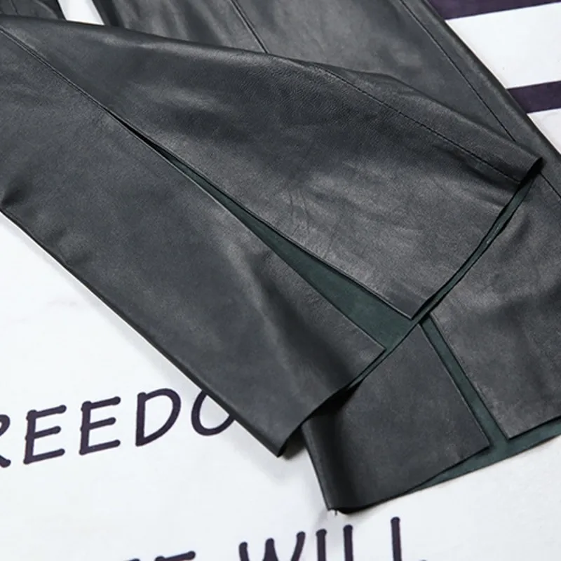 

Soft Autumn Office Ladies Sheepskin Genuine Leather Flare Pants Bell-bottomed Long Trousers Women Casual Slim Fit Split Pants