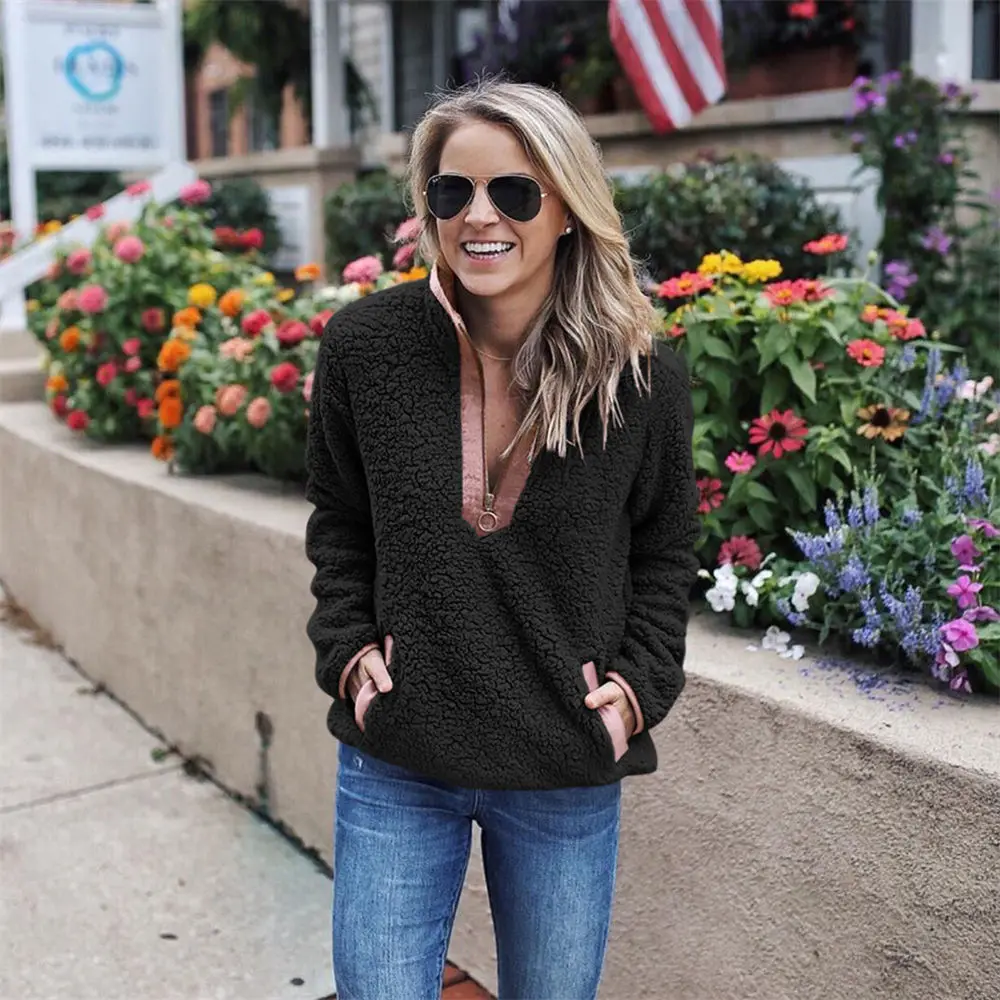 Women Winter Sherpa Sweater Teddy Fleece Zipper Turtleneck Pullover Tops Female Warm Coat Sweaters | Женская одежда