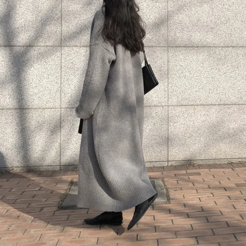 

Women Winter Long Knitted Cardigans Sweater Coat Open Stitch O-neck Elegant Vintage Loose Plus Size Gray Female Overcoat