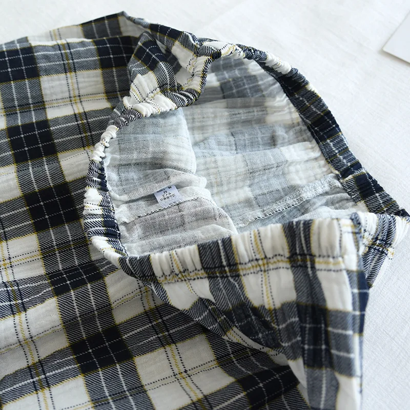 Spring And Summer New Couple 100%Cotton Crepe Pajamas Two-piece Men's Long-sleeved Trousers Ladies Home Service Set Simple Plaid