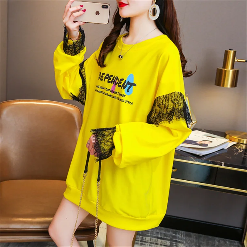 

2021 Spring New Lace Stitching Loose Casual Fashion Temperament Oversize Mid-Length Sweater Women A065