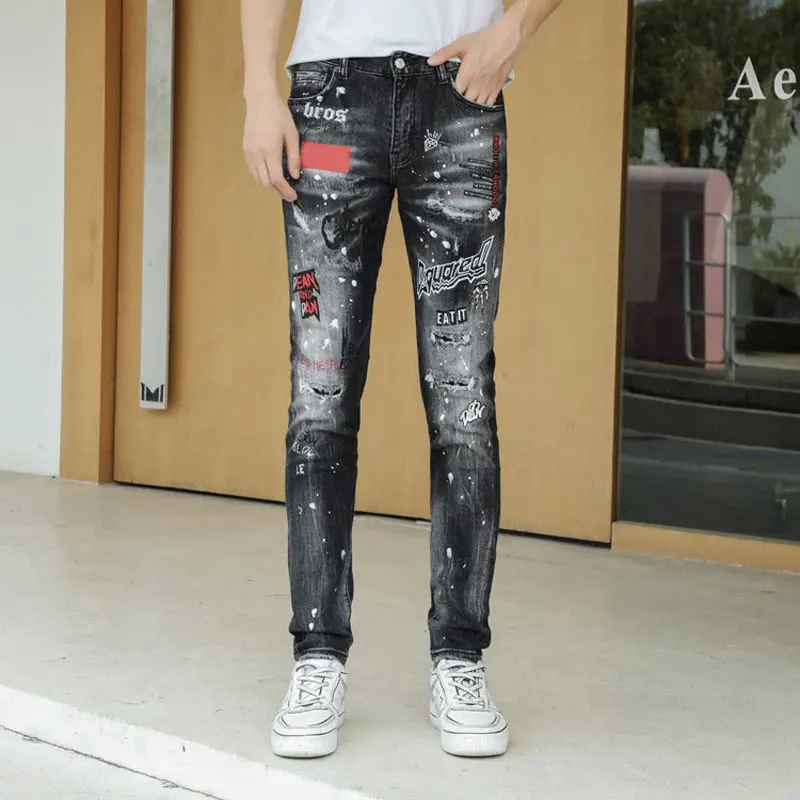 European American Street Fashion Men Jeans Retro Gray Elastic Slim Ripped Jeans Men Patches Printed Designer Hip Hop Denim Pants