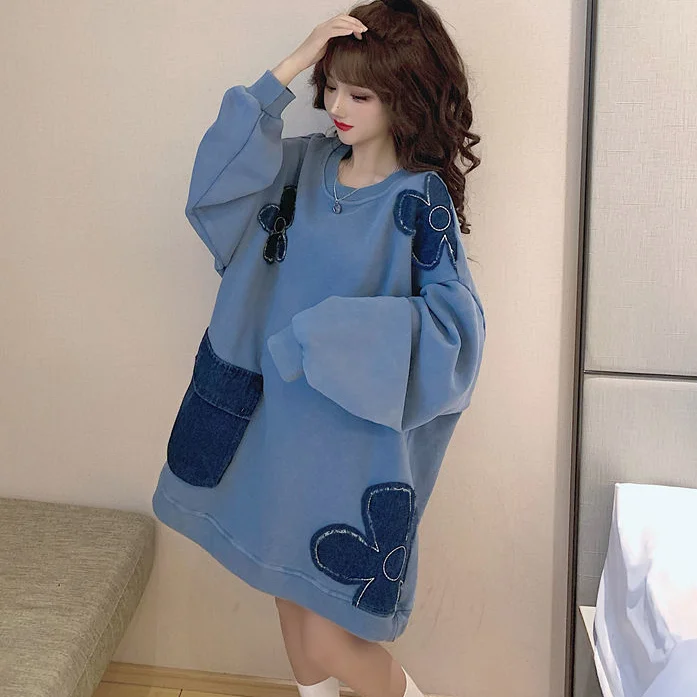 

Hoodies Women Winter Floral Spliced Oversize Pocket Plus Velvet Thicken Long Tops Sweet Korean Style Casual Streetwear Female