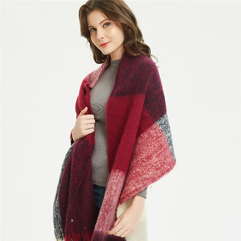 Вязаный осенне-зимний женский шарф Красный Клетчатый теплый кашемировый шали