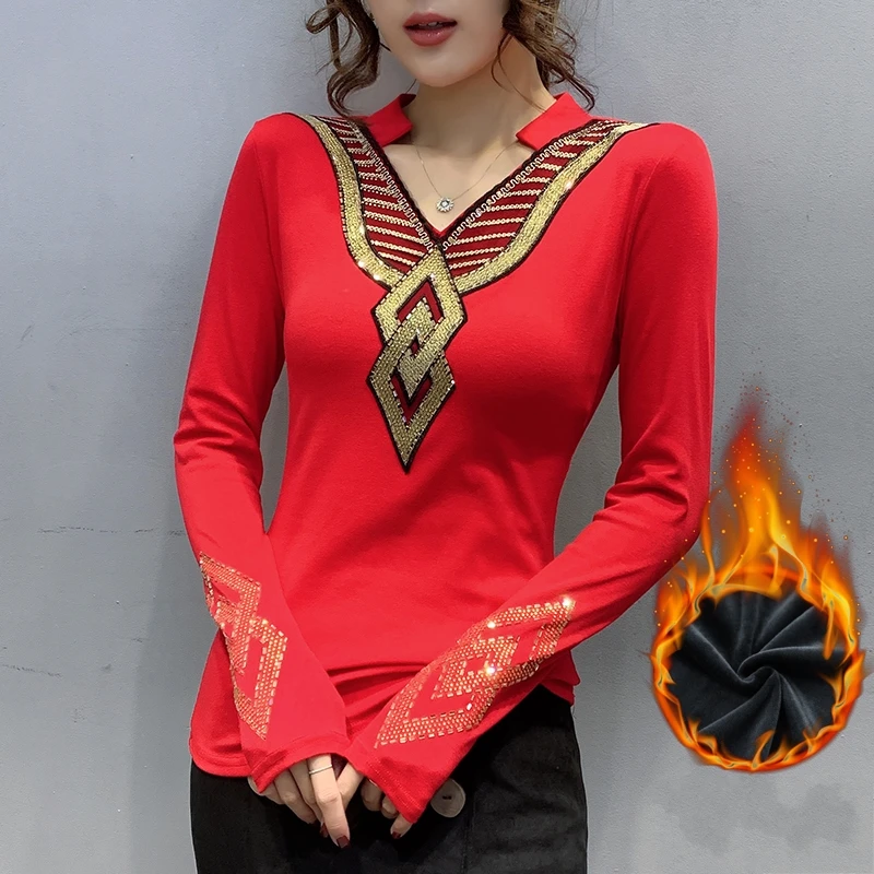 Европейские футболки с вышивкой Женские Новые осенне-зимние топы флисовой