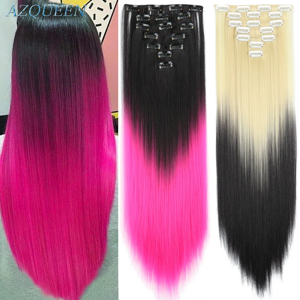 

AZQUEEN Synthetic 16 Clip In 7 Piece Long Straight Hairpieces Artificial Hair Extensions Silky Thick Full Head