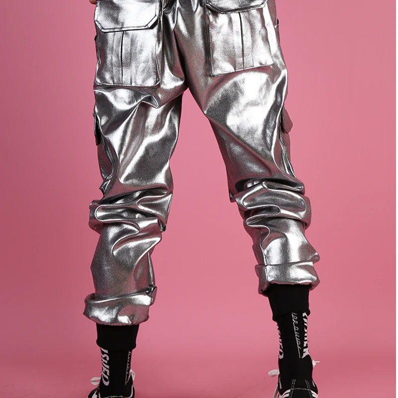 Men Casual Leather Harem Pant Male Streetwear Hip Hop Punk Silver Multi Pocket Cargo Trouser Stage Clothes DJ Singer | Мужская одежда