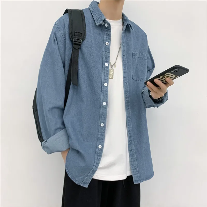 Harajuku Style Denim Shirt Spring and Autumn Long-sleeved Hong Kong Style Casual Loose Shirt Men's Trend Jacket Button Up Shirt