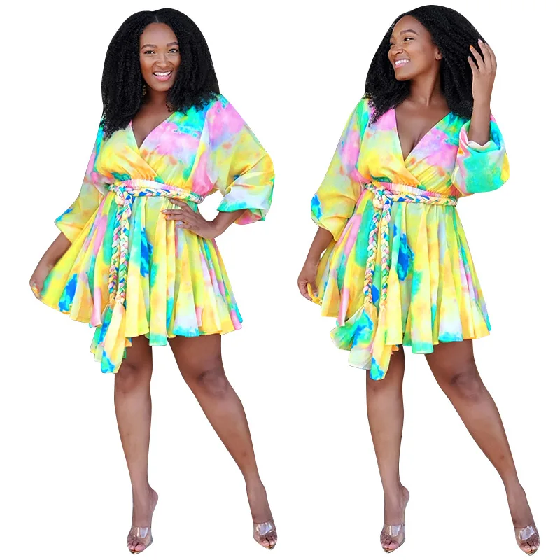 

Plus Size Women Dress Tatting Mini Dress Lady's Sexy Multicolor Printing V-neck Full Sleeve Sashes Lace-Up A-line Dresses