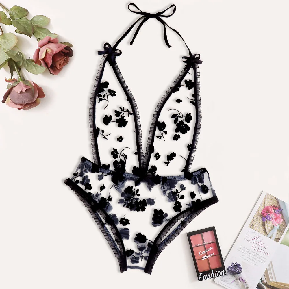 

Fun Underwear 2021 New Black Flocking Fungus Sexy Bodysuit Halter Perspective Backless Ladies Sexy Solid Lingerie Bodysuits