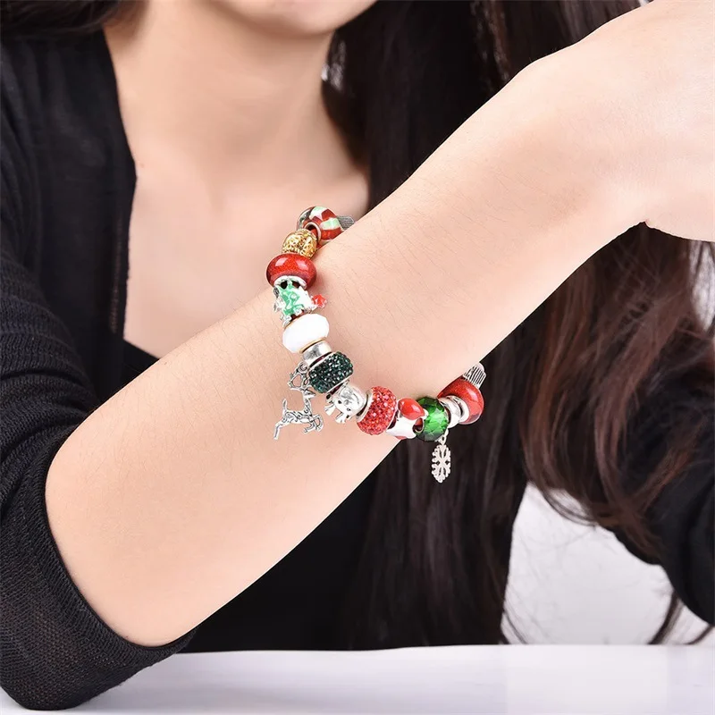 

GorGor Bracelets Women Zinc Alloy Pattern Cherry Red Elk Christmas Beads Rope Chain Individuality Creative Party Jewelry YWEB050