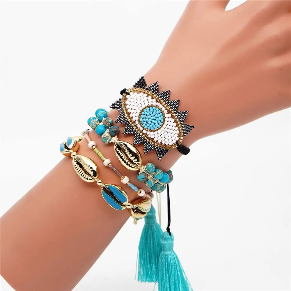 Boho MIYUKI браслет Evil Eye Pulseras Mujer синий Boho браслеты из ракушек мексиканские ювелирные изделия Женский натуральный камень аксессуары