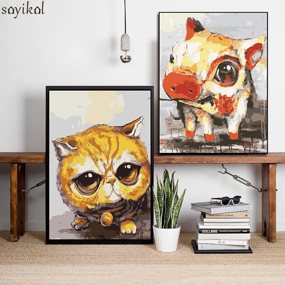 DIY масляная краска на холсте ручной работы в рамке милые животные свинья кошка