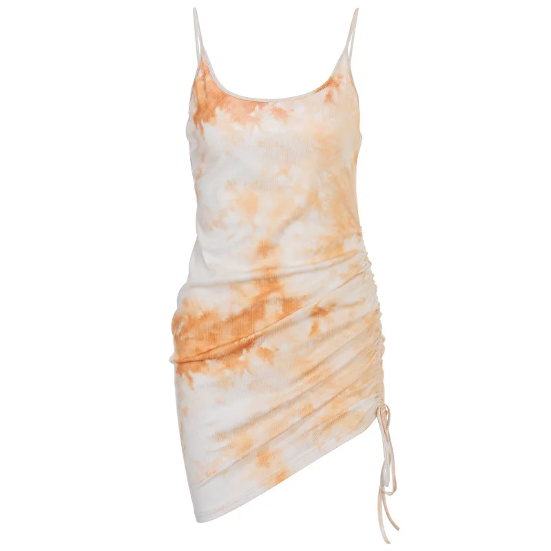

93D041939K Summer fashion drawstring print dress women's sexy U-neck short back skirt