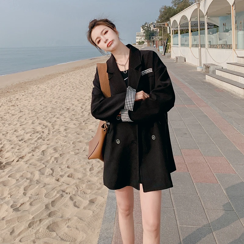 

NSMW MI 2021 Women Black Suit Jacket Spring Autumn New Fashion Casual British Stitching Plaid Loose Female Blazer X4