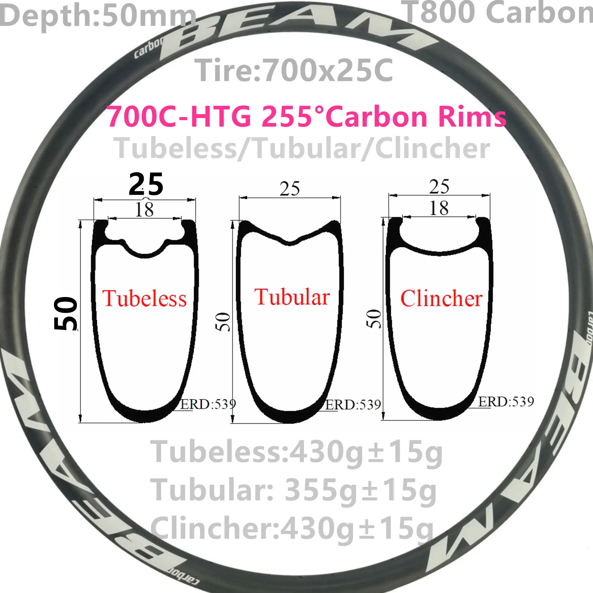 Углеродные дорожные велосипедные диски HTG 255 ° всего 350 г глубина 50 мм ширина 25 700C