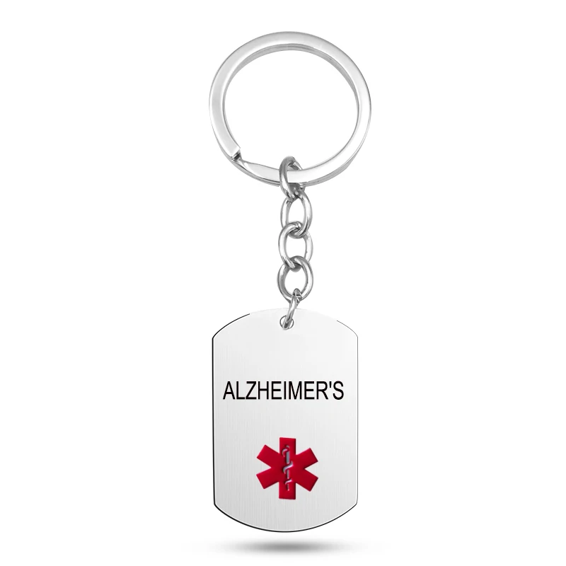 

Stainless Steel Red Medical Alert Key Chain Engraved Diabetic Alzheimer's Disease Tag Keychains Keyring Accessories
