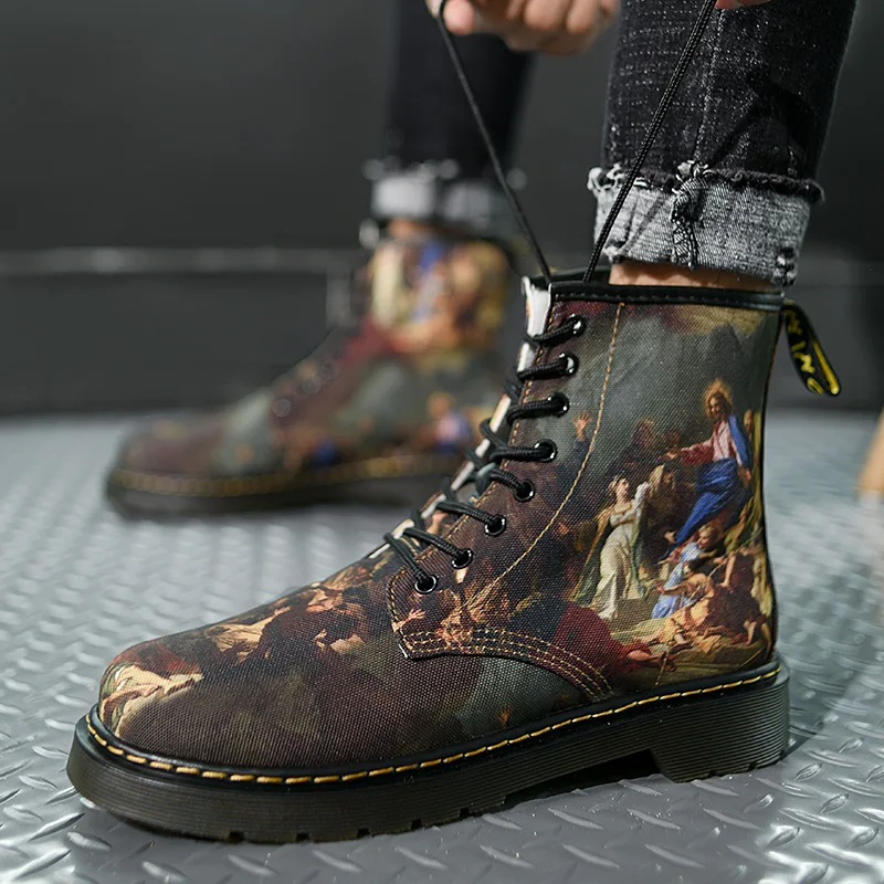 

Women Boots Winter Couples Shoes High Top Martin Bottines Casual Ankle Boots for Men Pu Leather Printing Motorcycle Botas Men