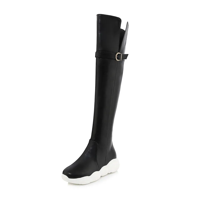 black pu ASUMER/Большие размеры 34-46, модные сапоги выше колена женские сапоги на плоской платформе с круглым носком зимние теплые сапоги с искусственным мехом - Цвет: black pu