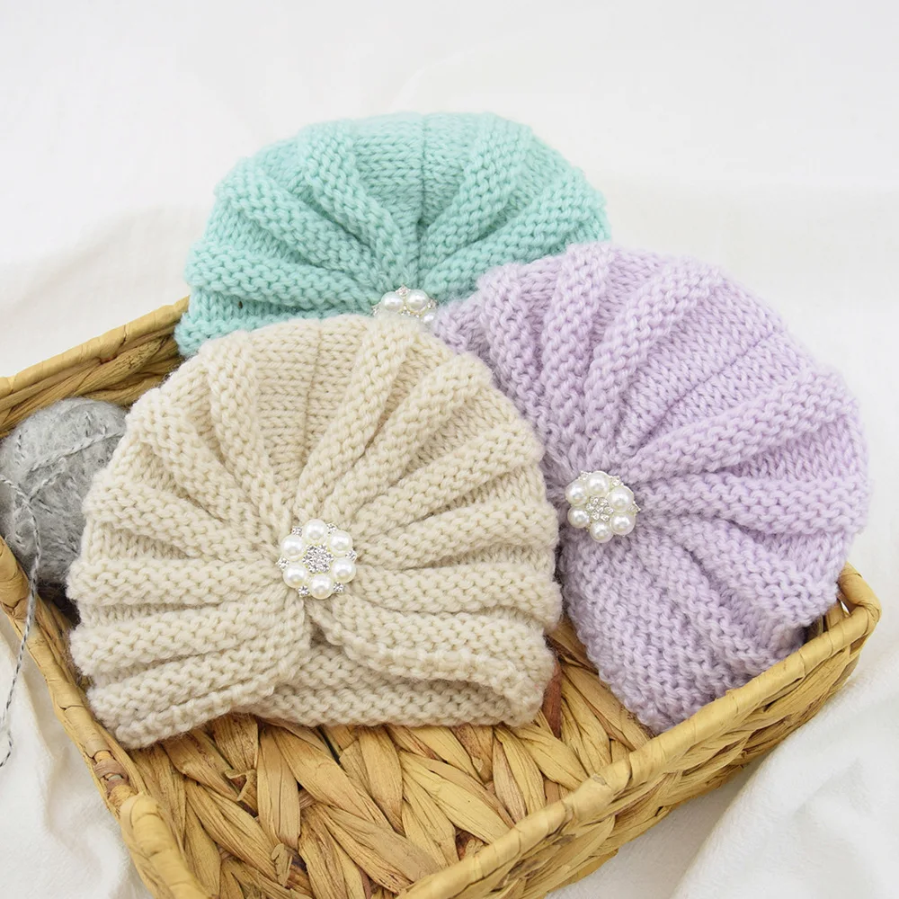 

European American Children Pearl Drill Woolen Hat Knitted Hat Toddler Kids Baby Girls Hood Warm Indian Hat 6M-4Y