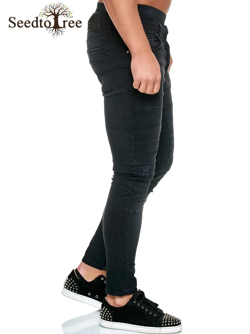 Pleated Solid Color Casual Men's Jeans Small Feet Slim Denim Trousers