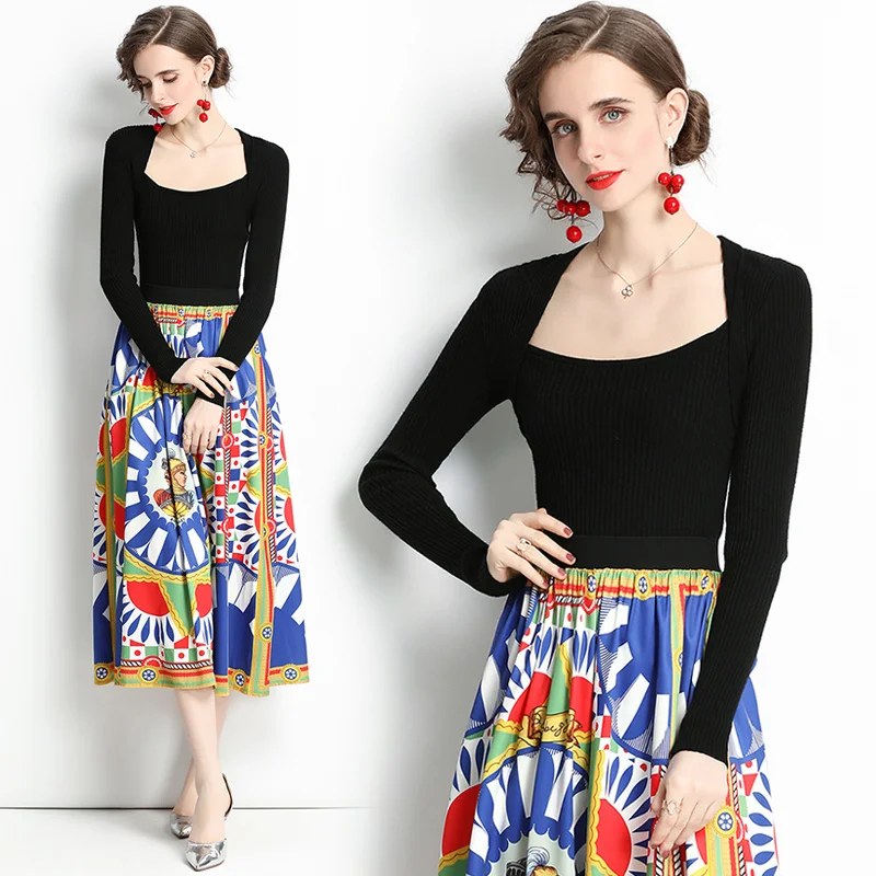 Женский трикотажный костюм из двух предметов черный свитер с длинным рукавом и