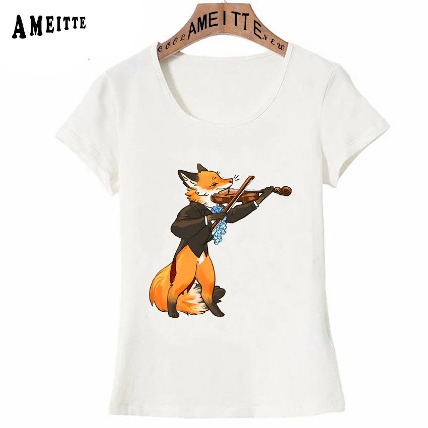 Лиса на скрипке акварельным принтом Футболка женская летняя футболка смешные