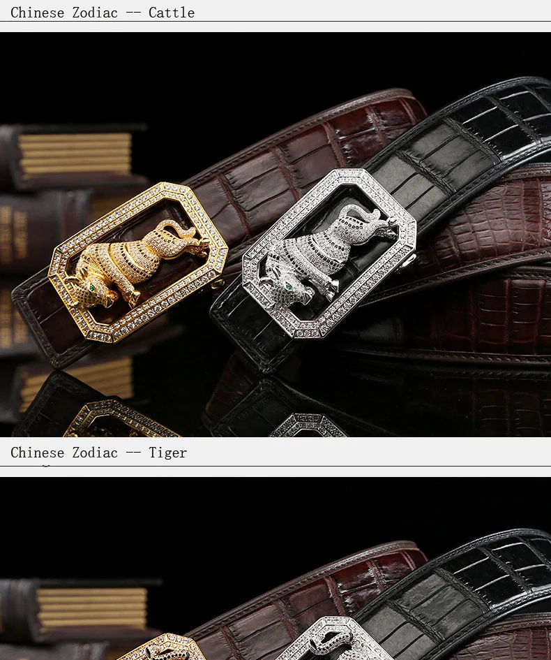 McParko Crocodile Belt Mens Leather Belts With Buckle Luxury Animal Design Genuine Leather Waist Belt with rhinestones Buckle