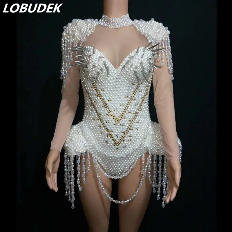 

Соблазнительное белое боди с жемчужными бусинами, ведущий танцевальный костюм для ночного клуба, концерта, сценической команды, Джазовый т...