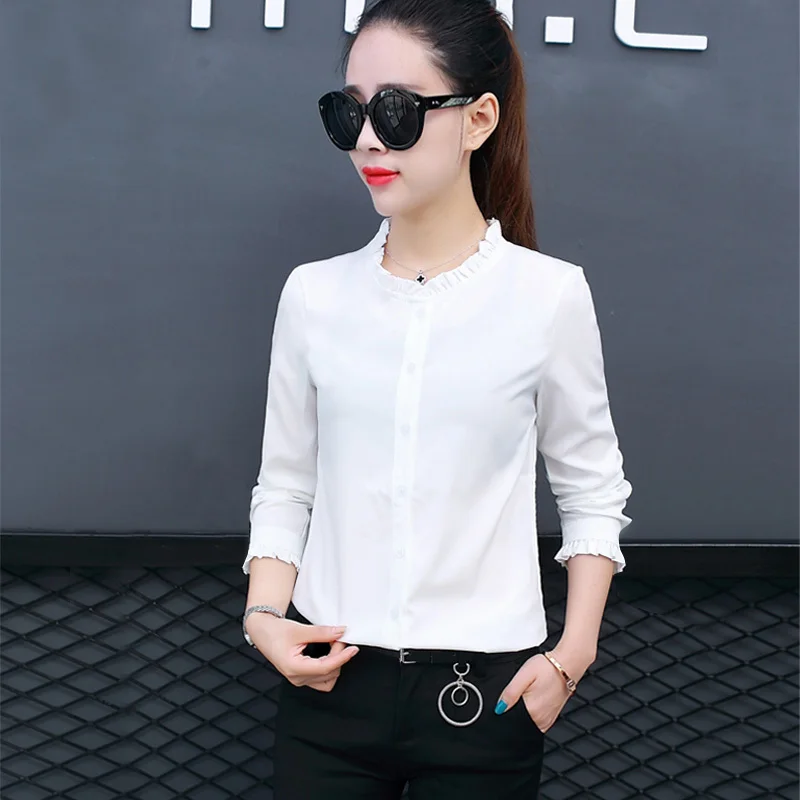 

Women's Spring Autumn Style Chiffon Blouse Shirt Women's O-neck Button Solid Color Slim Casual Tops DD8352