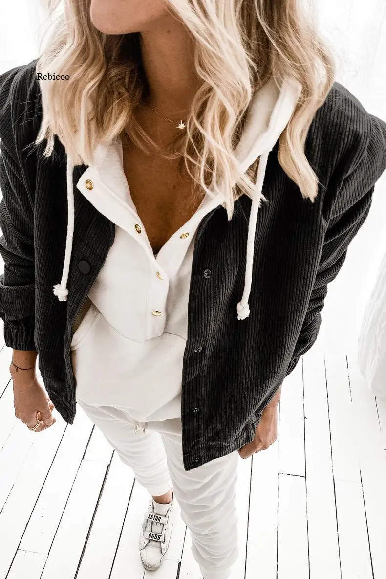 

Loose-Fitting Female Coat Long-Sleeved Autumn Solid Corduroy Coat Fashion Tops Streetwear Women's Clothing Black Woolen Coat