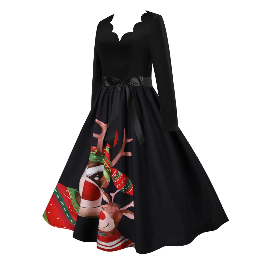 

Plus Size 3XL Santa Claus Print 2020 Retro Autumn Party Christmas Dress for Women Long Sleeve V-neck Bandage Dress Xmas Clothes