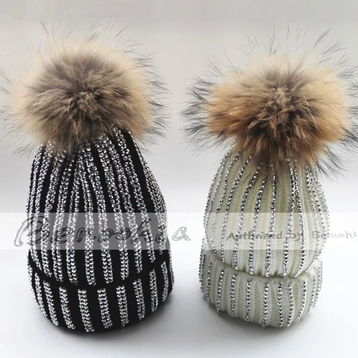Зимняя женская Шапка бини в блестящем стиле|skullies cap|hat real furreal fur pom |