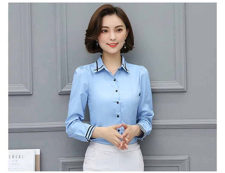 Trabalho Branco Azul Blusa размера плюс с длинным рукавом отложной воротник Camisa Das Senhoras