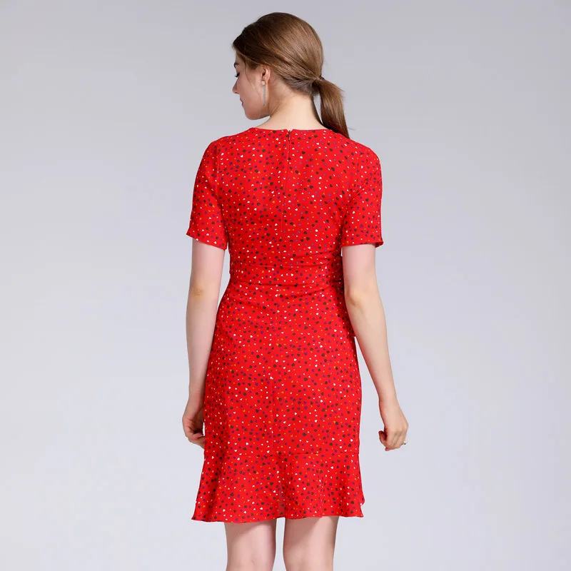 

European and American Fashion Slim V-neck Ruffled Love Polka-dot Retro Slim Belt Over-the-knee Dress In Summer