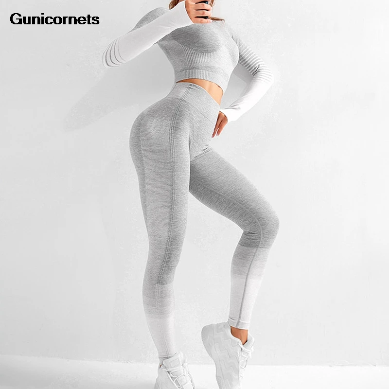 

2pcs/set Vital Women Sport Suit Yoga Set Gym Workout Clothes Long Sleeve Fitness Crop Top + High Waist Energy Seamless Leggings