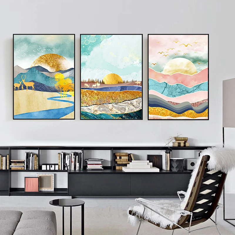 

Colorful Abstract Elk Natural Landscape Forest Tree River Yellow Sun Canvas Painting Sofa Wall Picture Poster Room Decoration