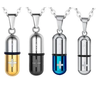 fsshion stainless steel pill case capsule pendant necklace for mens womens cross medicine keepsake jewelry gift dropship
