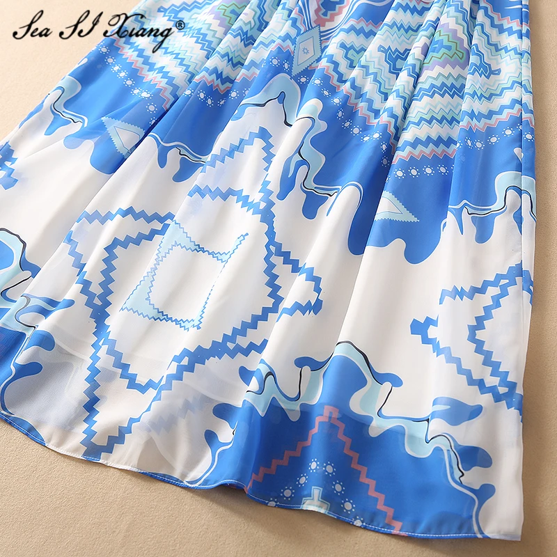 

Seasixiang Fashion Designer Summer Chiffon Dress Women's Lace Up Lantern Sleeve Geometry Print Vacation Dresses