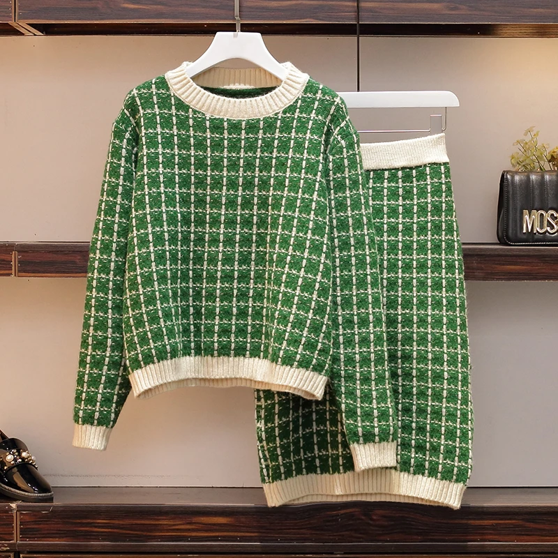 Шикарный женский свитер размера плюс, твидовый клетчатый вязаный свитер с высокой талией+ юбка-карандаш с высокой талией, комплект из 2 предметов