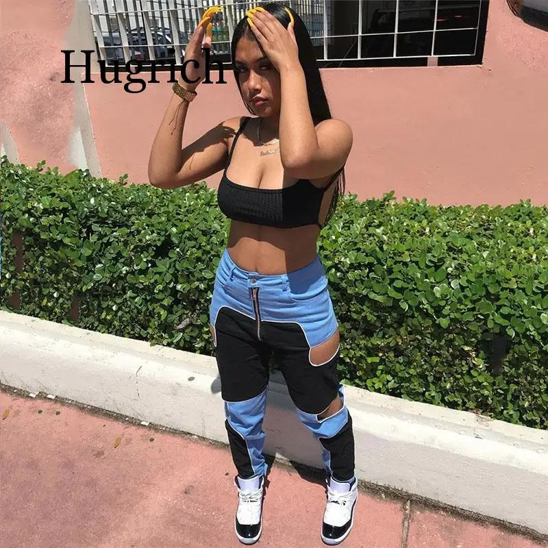 Женские брюки для бега с высокой талией в стиле хип хоп вырезами пэчворк уличная