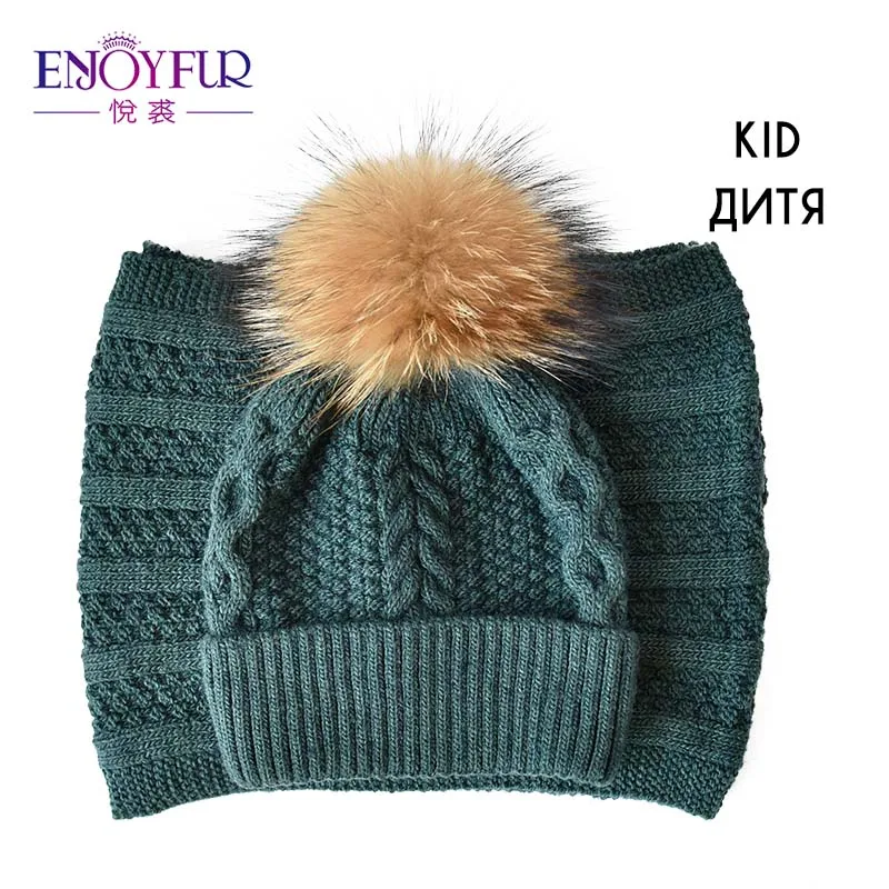 ENJOYFUR зимний шарф, шапка, набор для детей, девочек, женский шарф с шапкой из меха, помпон, родитель-ребенок, пара, семейные шапки для зимы - Цвет: 32-K