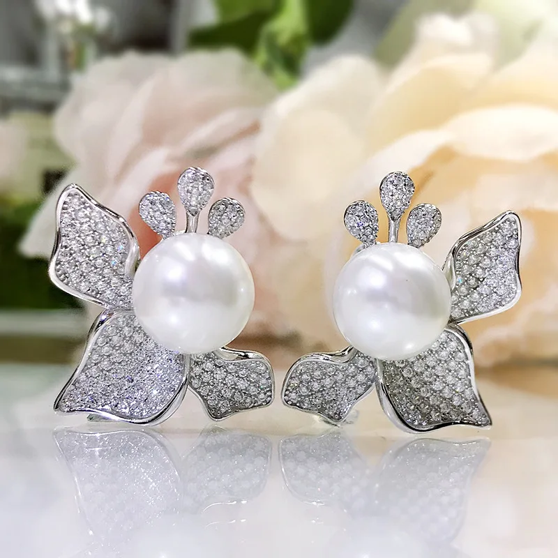 

Solid 925 Sterling Silver Round 12mm Natural Pearl High Carbon Diamond Ear studs Fine Jewelry Earrings For Women 2021