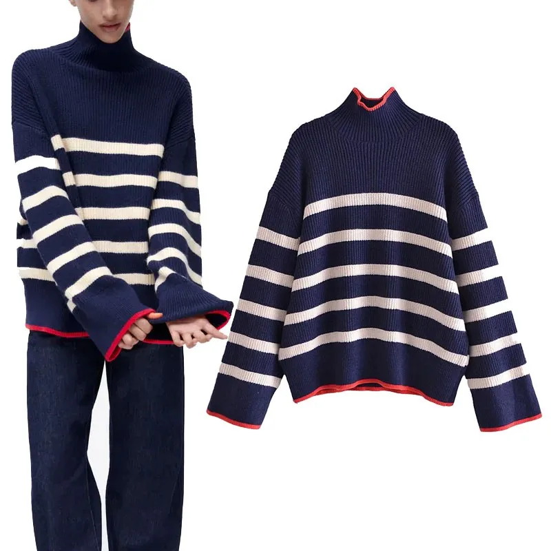 

2021 Vintage Striped Knit Sweater Women Long Sleeve Turtleneck Knitted Tops Loose Soft Jumper Female Fashion Autumn Sweaters